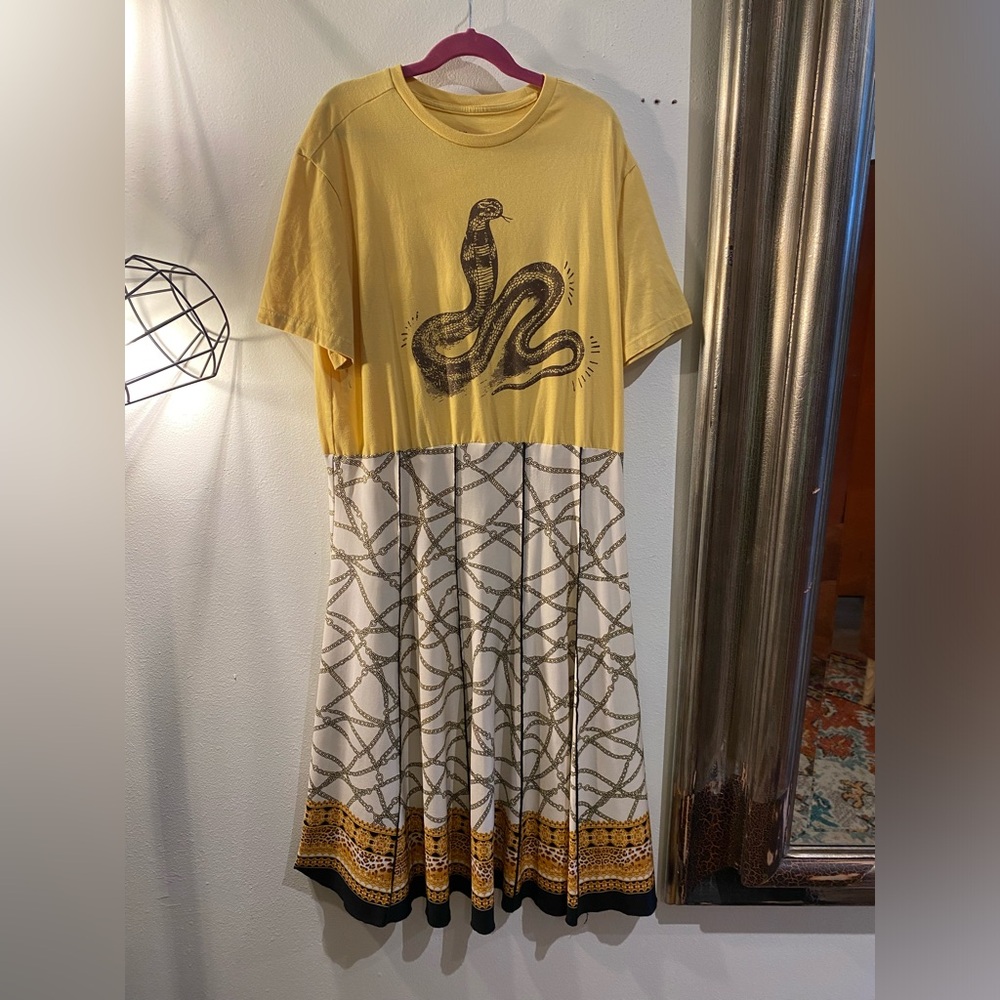 SOLD OOAK Upcycled Cobra tee with luxurious chain motif Yellow Snake Print Dress